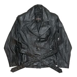 VTG Wilsons Jacket Womens Medium Black Leather Belted Button Front Biker Rare
